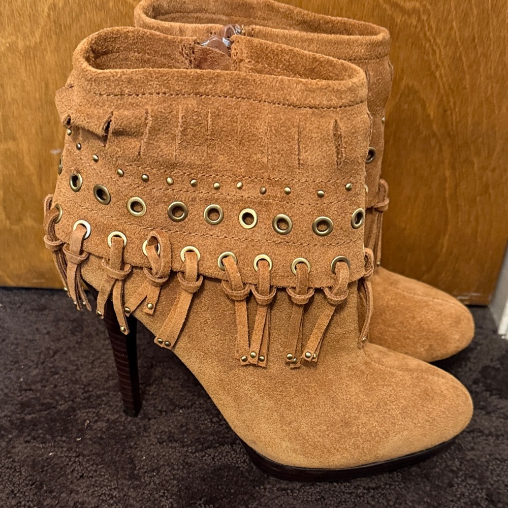 Lovely People Tan Suede Ankle Boots with Gold Accents